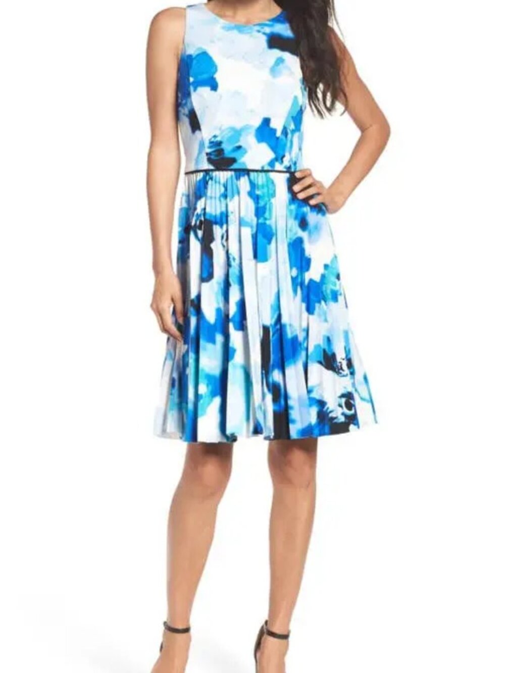 NWT Maggy London Blue Floral Print Pleated Sleeveless Dress Size 6